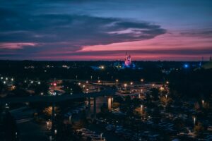 Disney's Cinderella castle at sunset