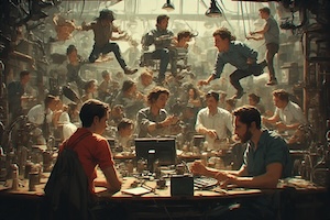 Many people working in a chaotic workshop