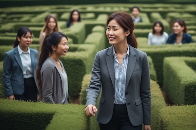 A woman leading a diverse business team through a maze